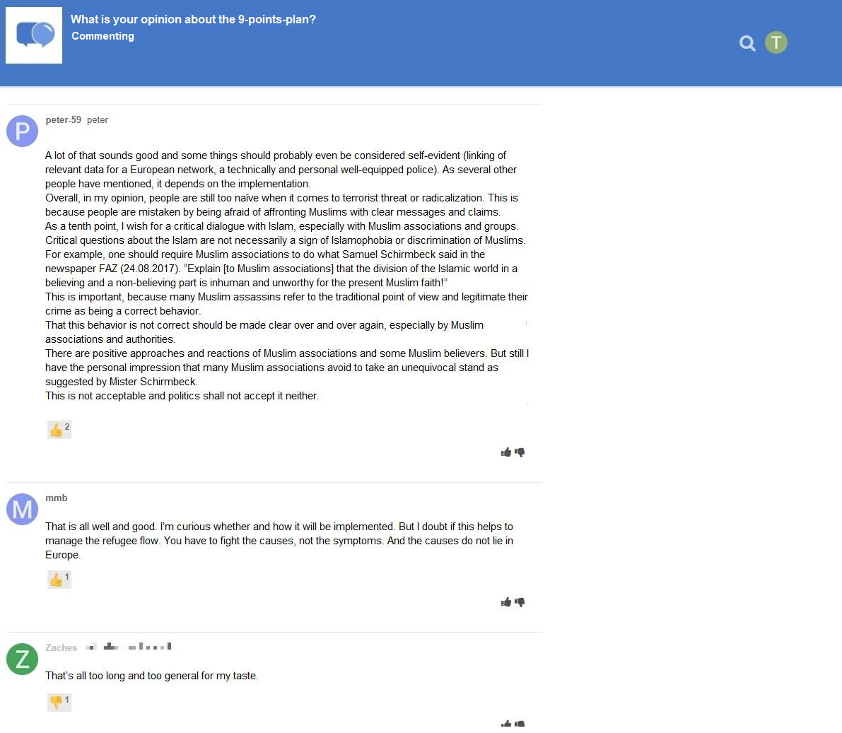 Communication that took place on the website with like and dislike buttons. (Translated to English.)